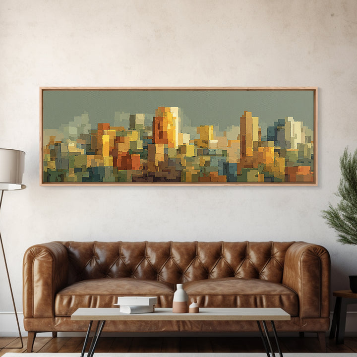 Sage Green Abstract City Skyline Framed Canvas Print, Midcentury Modern Wall Art, Urban Home Decor, Office Art Print Gift