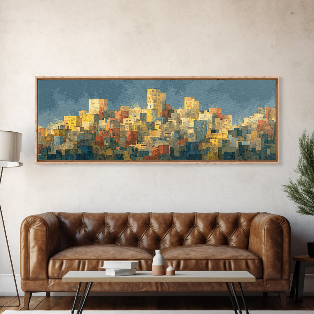 Sunlit Abstract City Skyline Wall Art, Blue And Yellow Urban Print, Midcentury Modern Decor, Living Room Office Art Decor