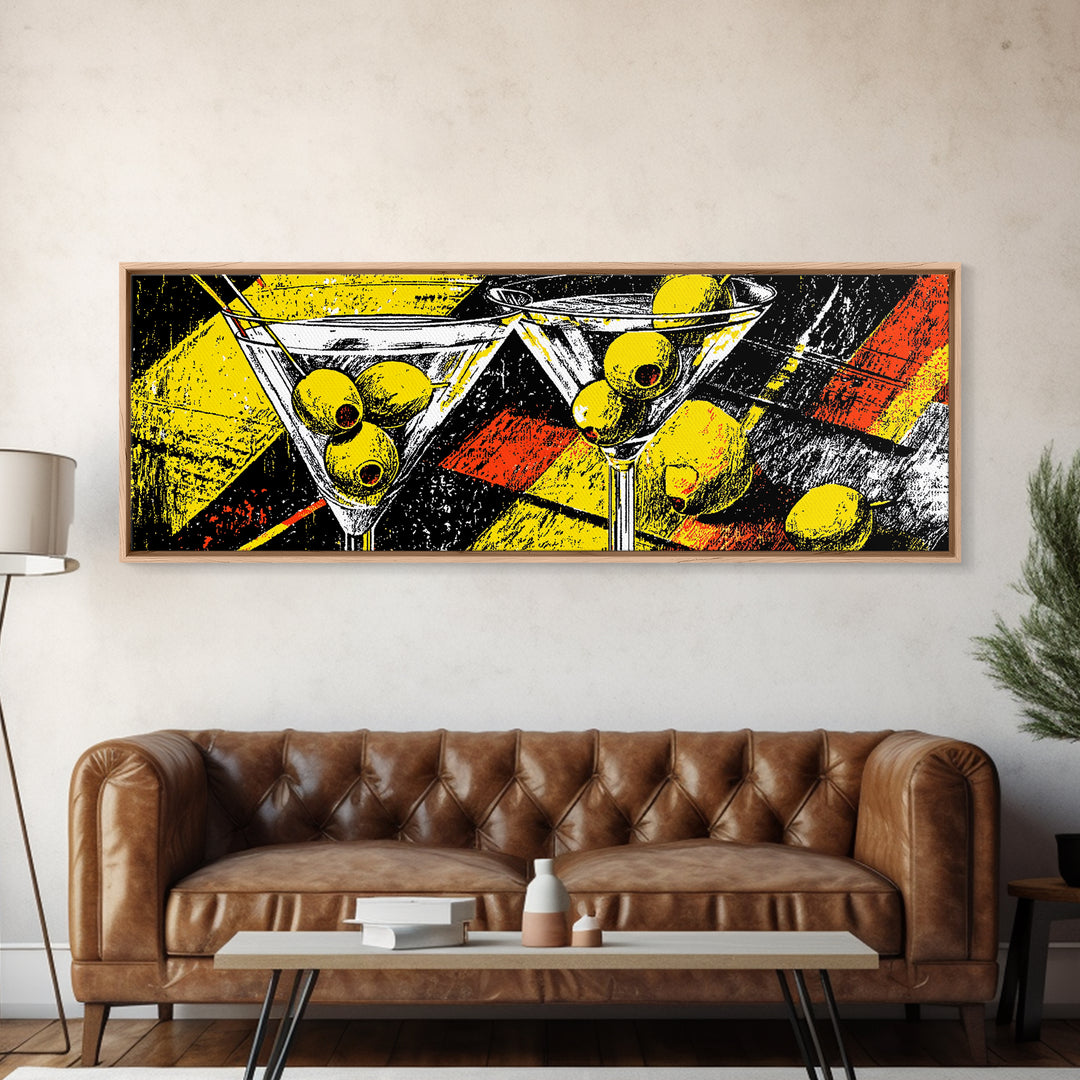Bold Martini Glasses And Olives Wall Art, Retro Modern Cocktail Bar Decor, Yellow Black MCM Kitchen Poster Print For Lounge Decor