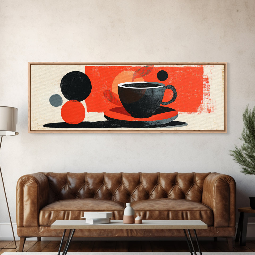 Minimal Black Coffee Cup With Red Circles Wall Art, Bauhaus Modern Kitchen Decor, Midcentury Abstract Cafe Poster Print Gift