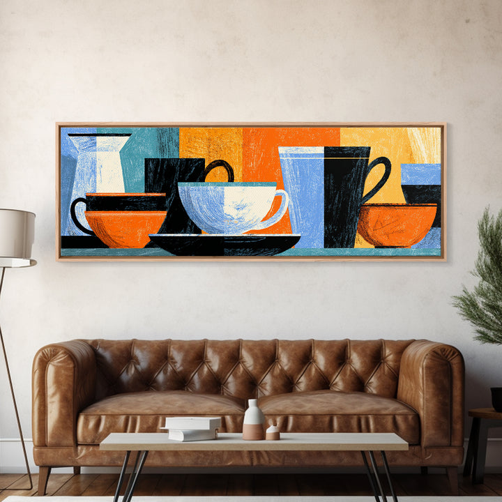 Modern Coffee Cups And Bowls Framed Canvas Print, Retro Kitchen Wall Decor, Midcentury Geometric Cafe Art For Dining Room