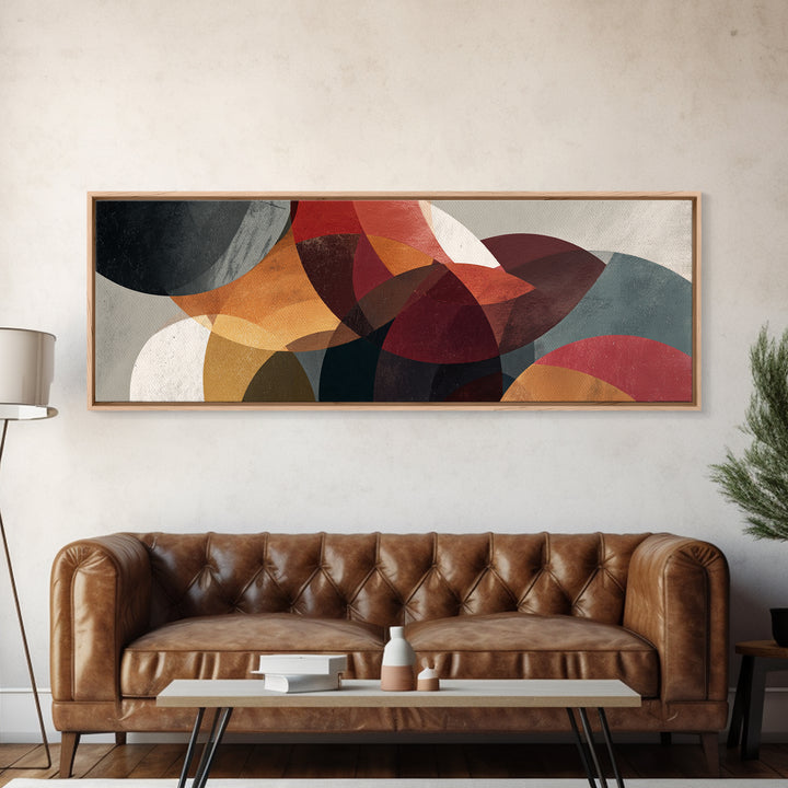 Layered Red Orange Abstract Circles Wall Art, Midcentury Modern Art Print, Geometric Retro Decor, Living Room Canvas Artwork