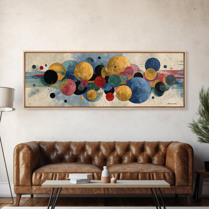 Colorful Floating Circle Abstract Canvas Print, Midcentury Modern Wall Art, Geometric Poster, Office Living Room Decor Gift