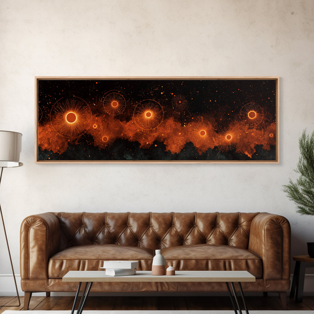 Glowing Orange Cosmic Suns Canvas Print, Space Abstract Wall Art, Modern Retro Poster, Moody Bedroom Office Decor Artwork