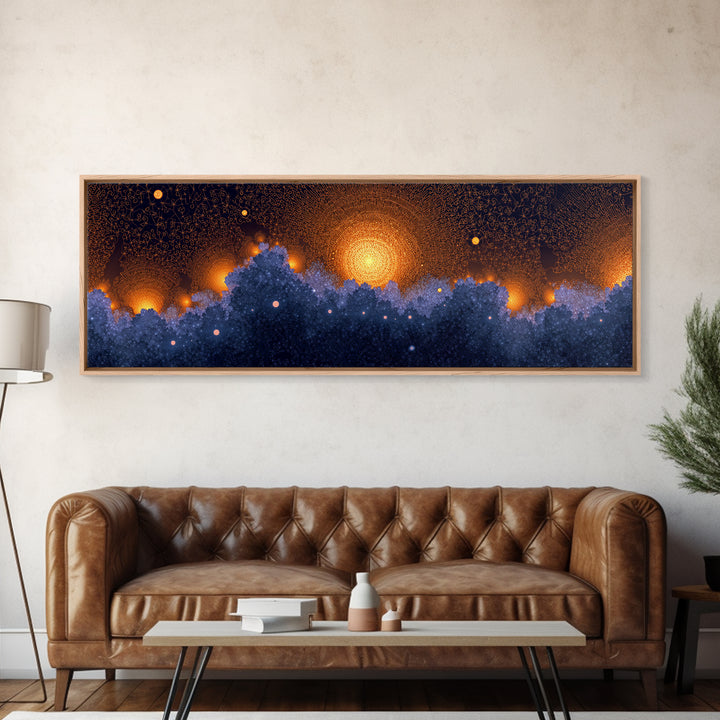 Golden Sun Over Blue Forest Wall Art, Cosmic Nature Canvas Print, Modern Abstract Poster, Moody Bedroom Office Decor Artwork