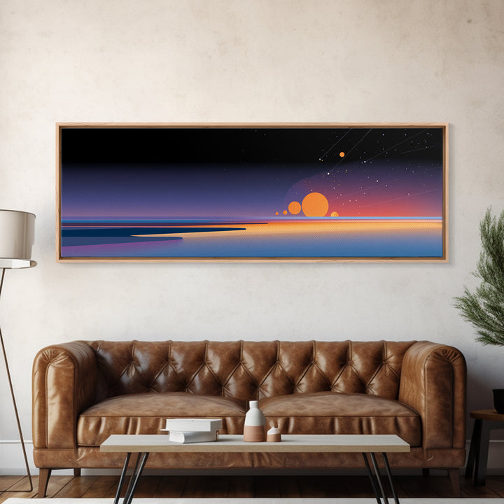 Minimalist Horizon With Orange Planets Wall Art, Retro Futuristic Canvas Print, Modern Space Poster, Office Bedroom Decor
