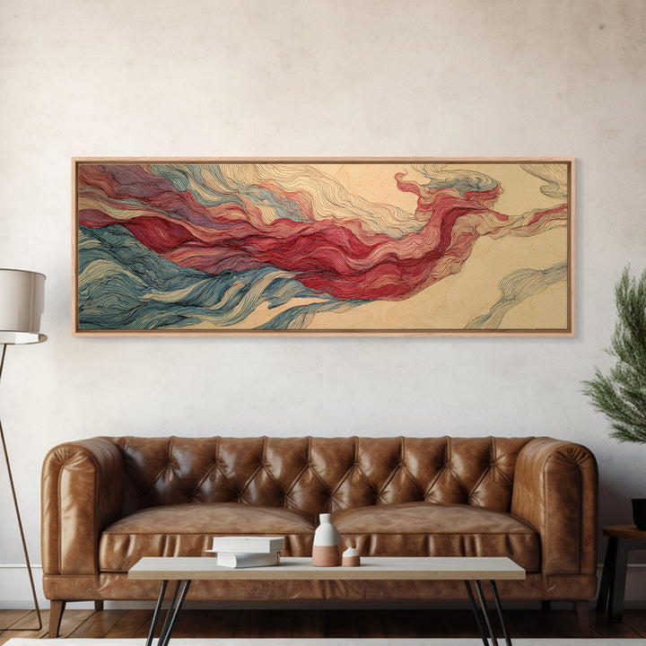 Red Blue Topographic Abstract Landscape Wall Art, Modern Canvas Print, Geometric Line Poster, Contemporary Office Decor Artwork