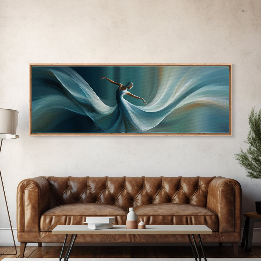 Graceful Dancer In Flowing Teal Dress Canvas Print, Elegant Modern Wall Art, Figurative Movement Poster, Bedroom Decor Gift