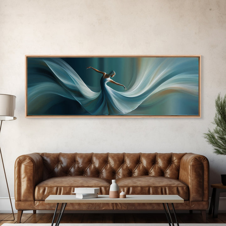 Graceful Dancer In Flowing Teal Dress Canvas Print, Elegant Modern Wall Art, Figurative Movement Poster, Bedroom Decor Gift