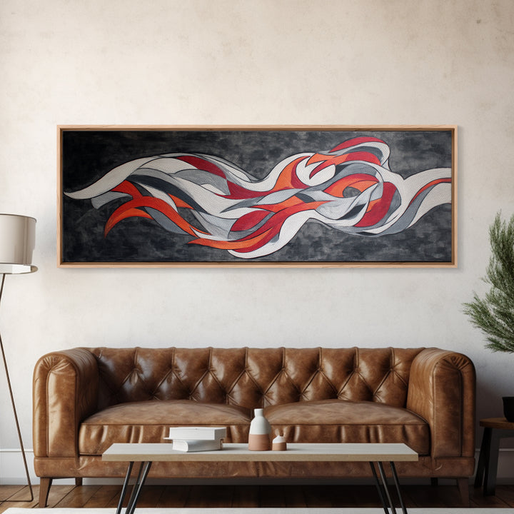 Flowing Red White Silver Ribbons Wall Art, Abstract Midcentury Modern Canvas Print, Retro Mcm Decor, Large Horizontal Art