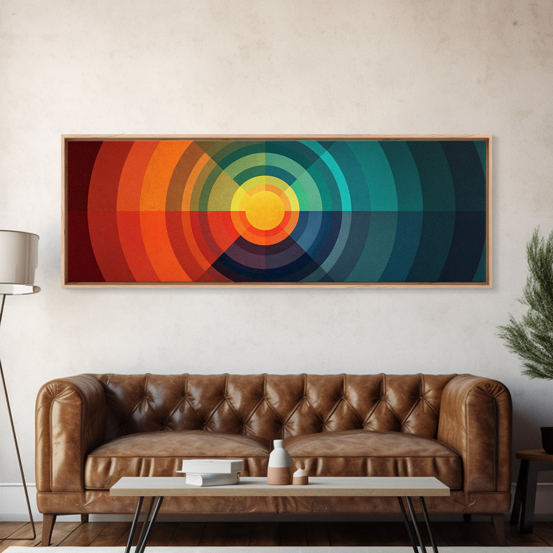Rainbow Concentric Sunburst Canvas Print, Midcentury Modern Wall Art, Geometric Retro Poster, Colorful Bauhaus Home Decor