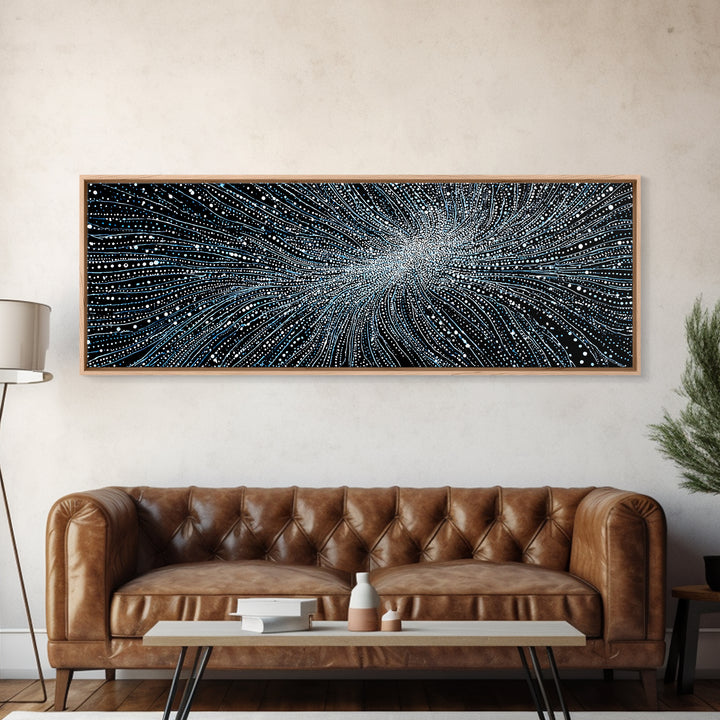 Blue White Particle Wave Canvas Print, Modern Abstract Wall Art, Digital Motion Poster, Sci Fi Space Decor For Home Office