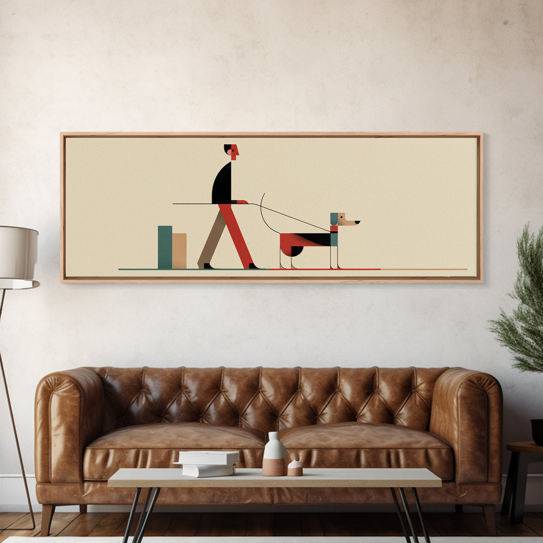 Minimal Man Walking Dog Framed Canvas Print, Mid Century Modern Art, Scandinavian Modern Wall Decor, Geometric Home Decor