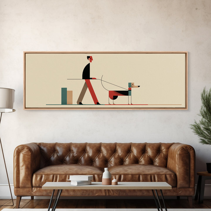 Minimal Man Walking Dog Framed Canvas Print, Mid Century Modern Art, Scandinavian Modern Wall Decor, Geometric Home Decor