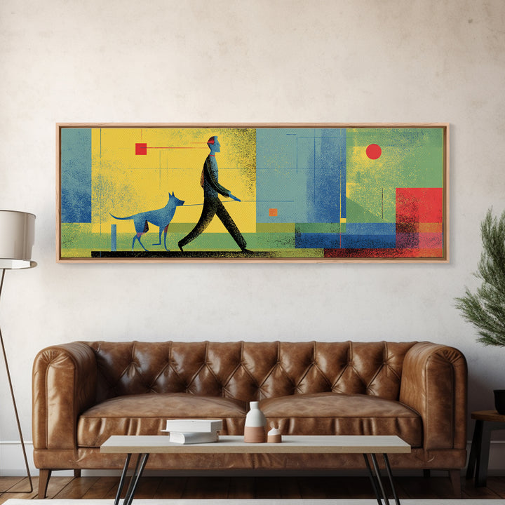 Textured Blue Dog Walker Wall Art, Mid Century Modern Canvas, Colorful Geometric Poster, Retro Abstract Living Room Decor