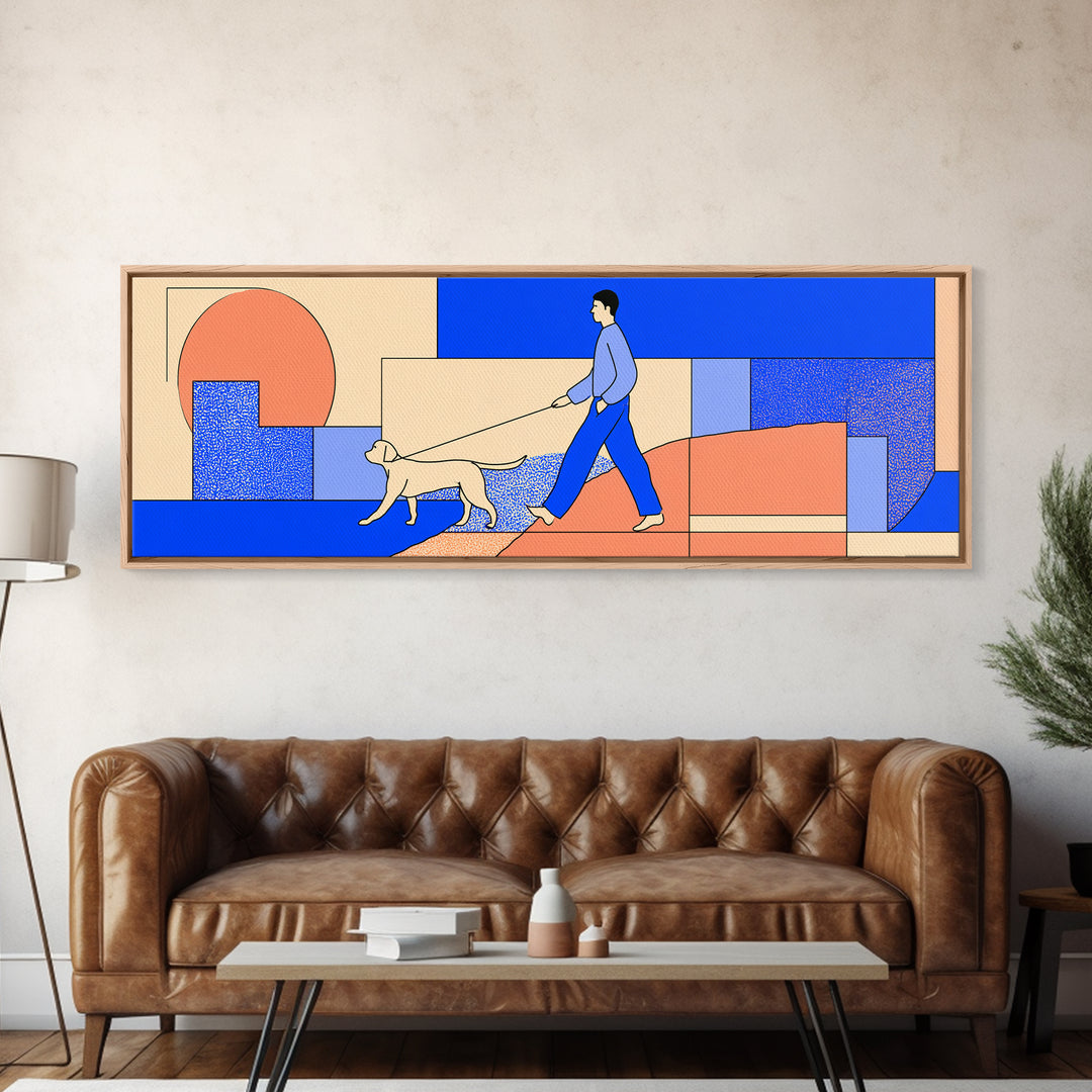 Minimal Blue Dog Walker Wall Art, Mid Century Modern Print, Scandinavian Geometric Decor, Coral Blue Home Office Art, Apartment Decor