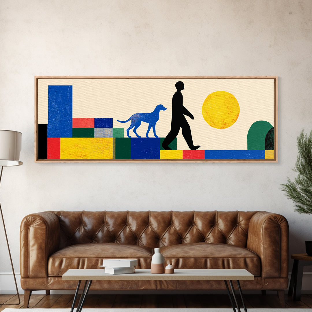 Sunny Geometric Dog Walker Wall Art, Mid Century Modern Canvas Print, Bold Primary Color Decor, Retro MCM Living Room Art