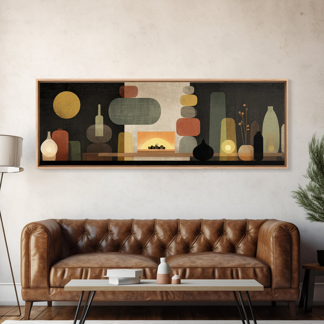 Glowing Fireplace Vessels Canvas Print, Midcentury Modern Wall Decor, Retro Abstract Art For Living Room, Office Decor, And Home Decor