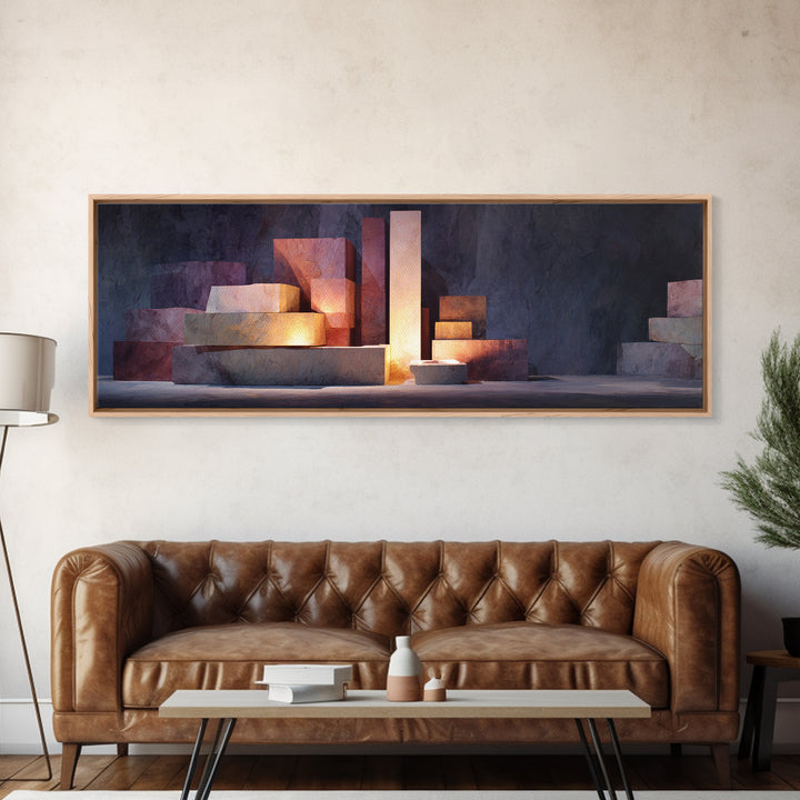 Illuminated Geometric Blocks Framed Canvas Print, Midcentury Modern Abstract Art, MCM Wall Decor For Office And Home Decor