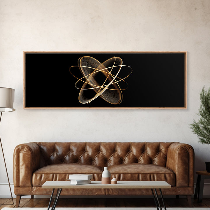 Gold Atomic Orbit Abstract Framed Canvas Print, Midcentury Modern Wall Art, Space Abstract Art, Retro Office Decor, Black Gold Decor