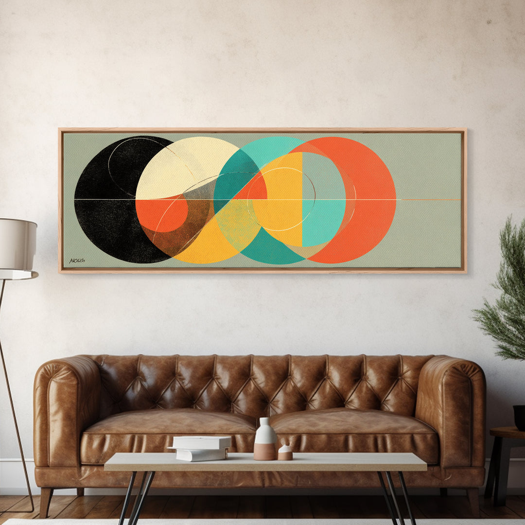 Textured Interlocking Circle Wall Art, Midcentury Modern Geometric Print, Bauhaus Abstract Decor, Colorful MCM Canvas Art