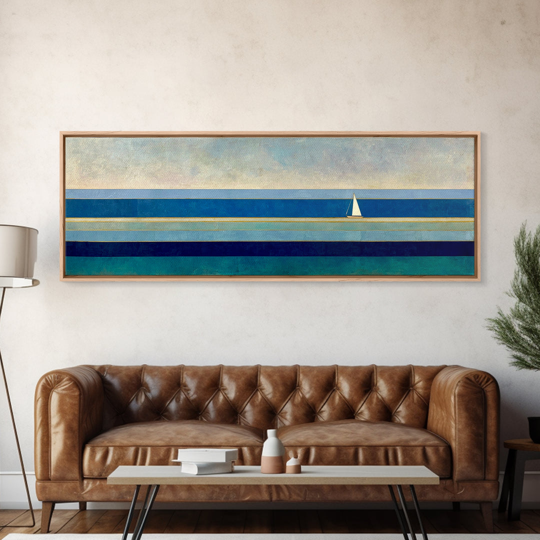 Minimal Sailboat Seascape Wall Art, Midcentury Modern Coastal Print, Blue Nautical Living Room Decor, Ocean Canvas Art Print
