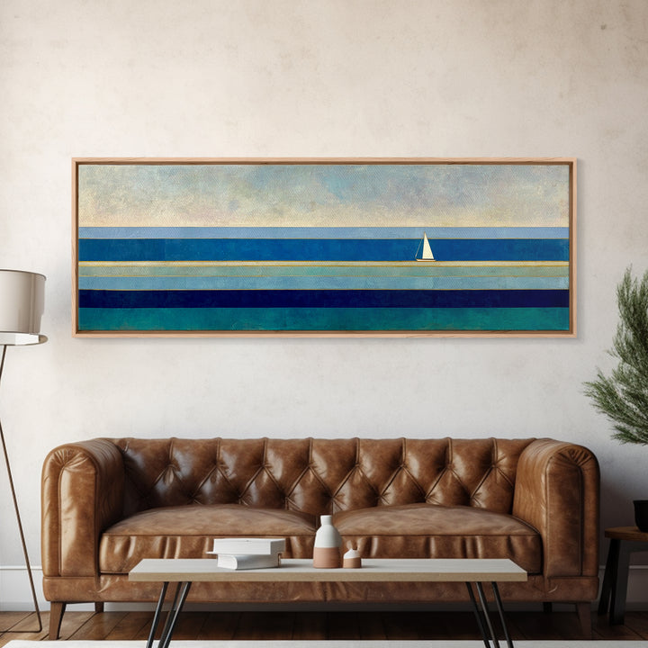 Minimal Sailboat Seascape Wall Art, Midcentury Modern Coastal Print, Blue Nautical Living Room Decor, Ocean Canvas Art Print