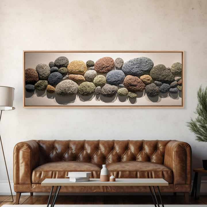 Neutral Pebble Stone Cluster Framed Canvas Print, Organic Abstract Wall Art, Modern Home Decor, Earth Tone Texture Poster