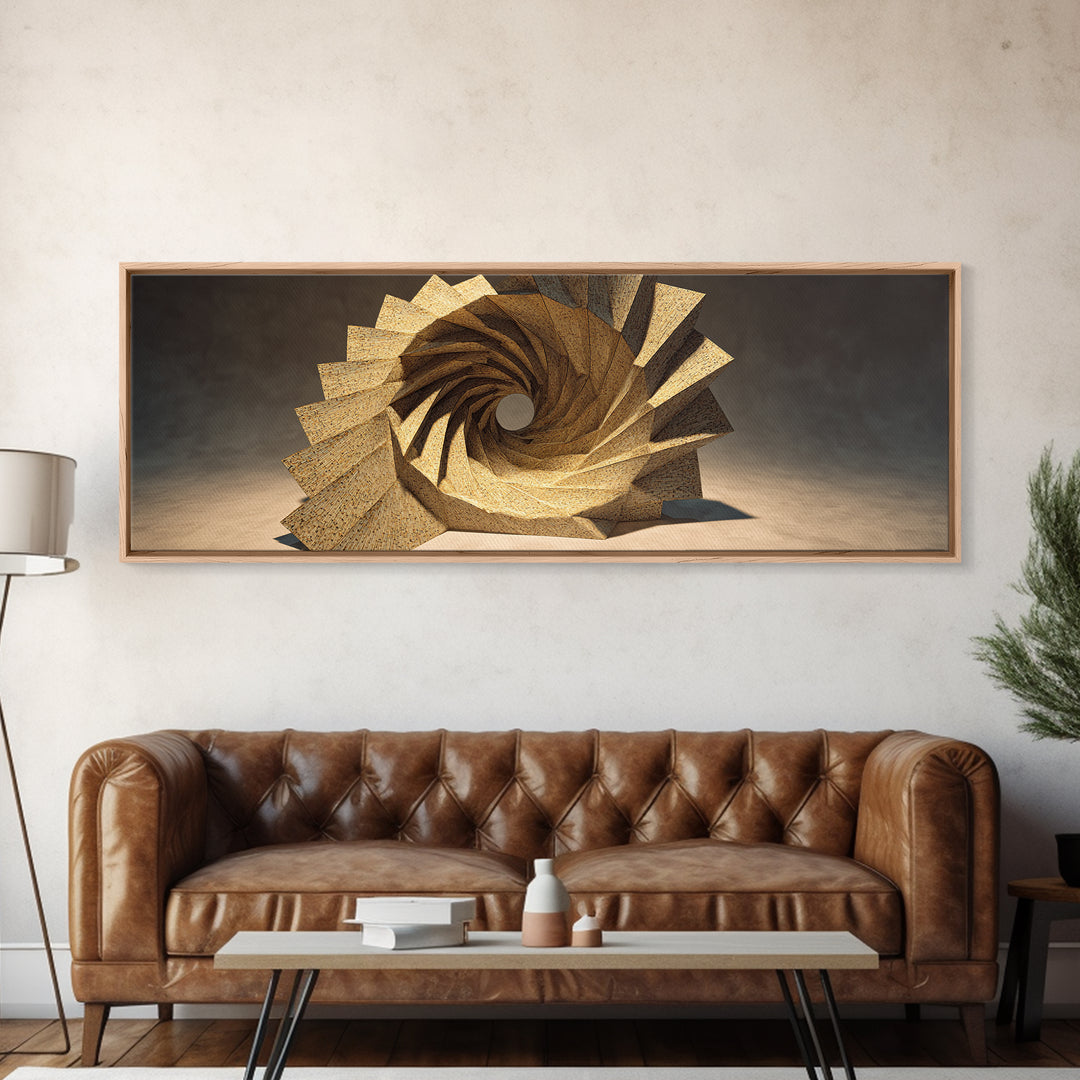 Golden Spiral Vortex Sculpture Framed Canvas Print, Modern Sculpture, Geometric Wall Art, Abstract Decor, Statement Piece