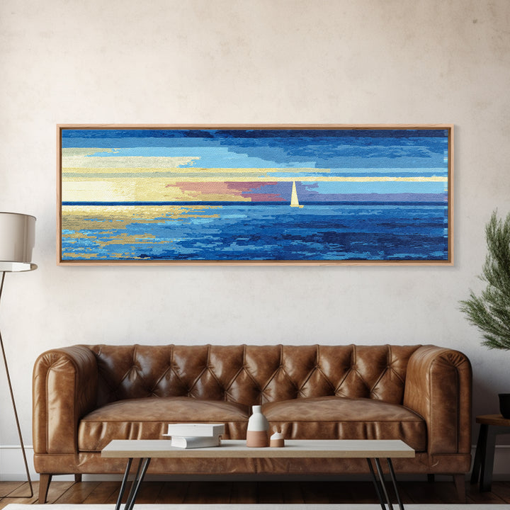 Blue Sailboat Ocean Horizon Canvas Print, Modern Coastal Wall Art, Nautical Seascape Decor, Calm Living Room Artwork Print