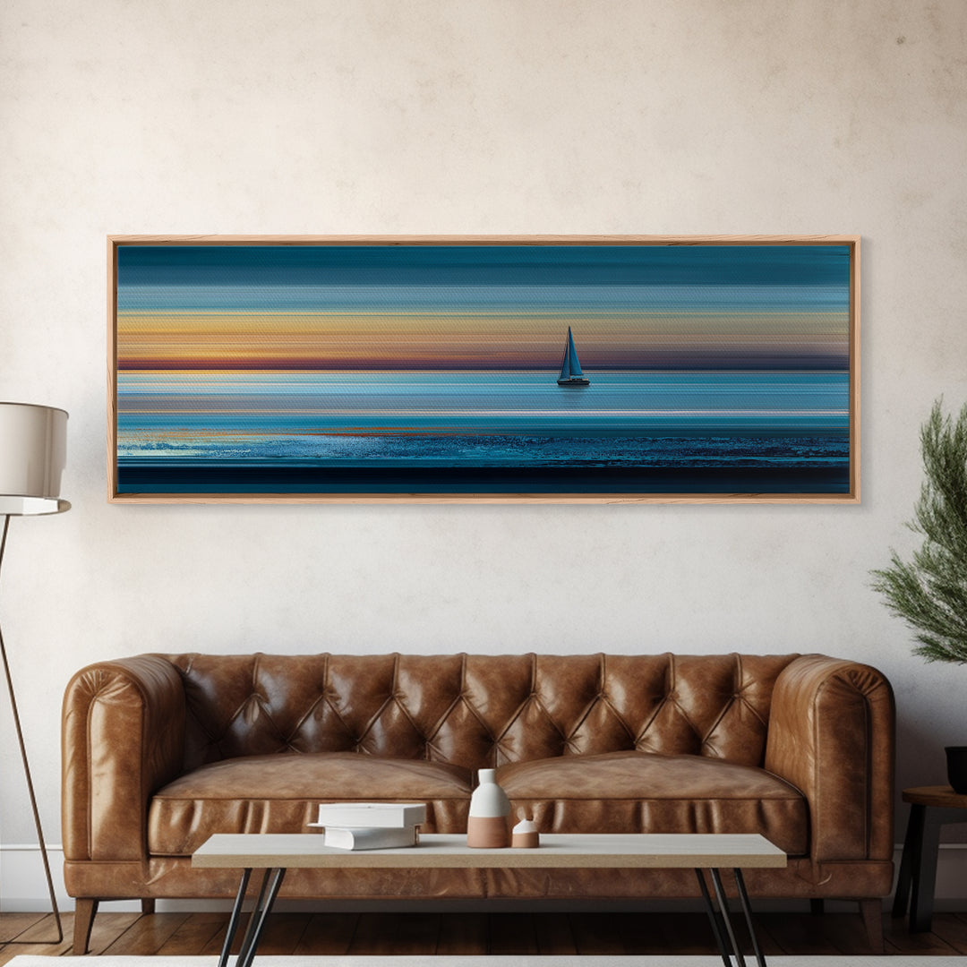 Lone Sailboat At Teal Sunset Seascape Wall Art, Panoramic Ocean Canvas, Coastal Living Room Decor, Modern Blue Art Print