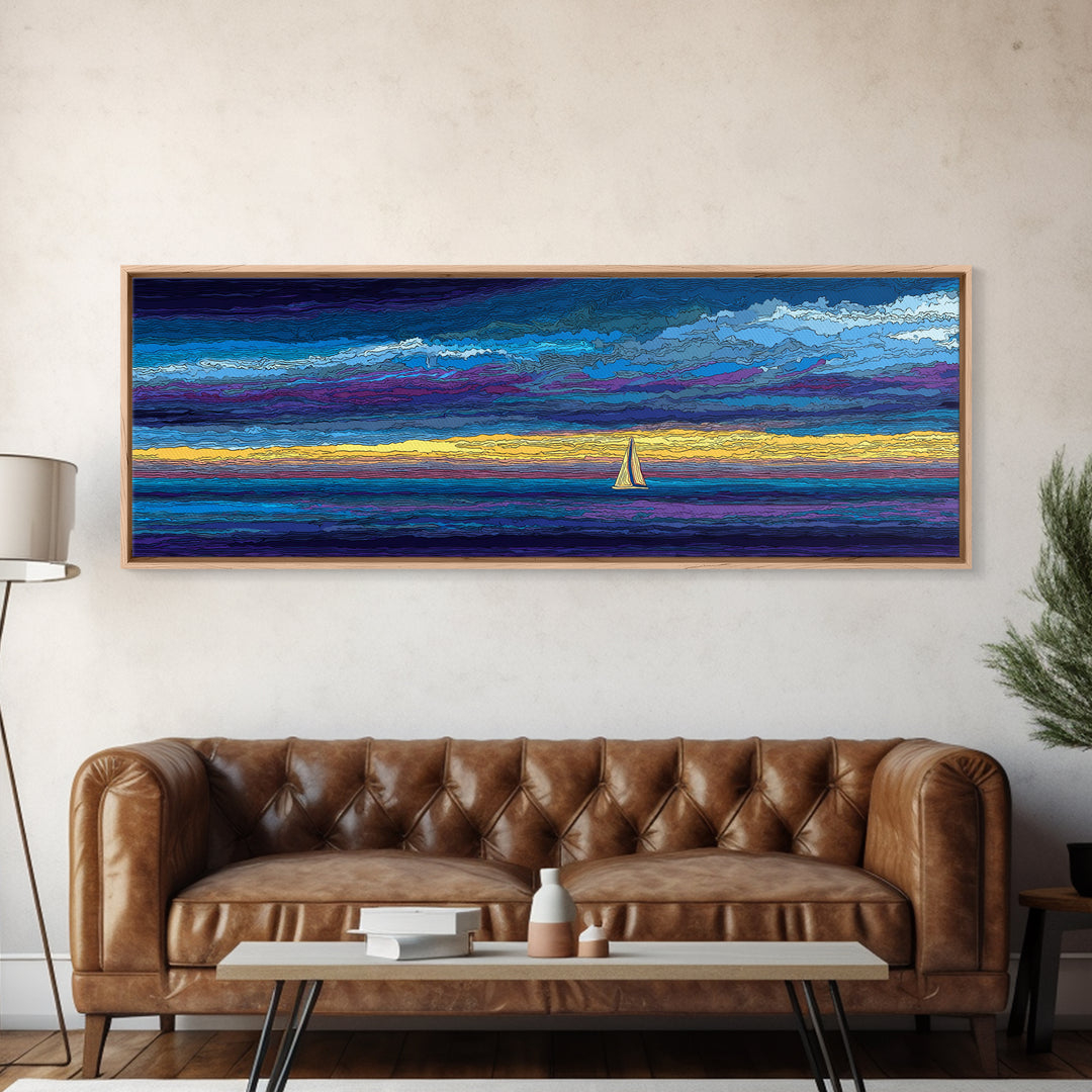 White Sailboat Under Stormy Purple Sky Framed Canvas Print, Panoramic Ocean Wall Art, Coastal Decor, Modern Blue Seascape
