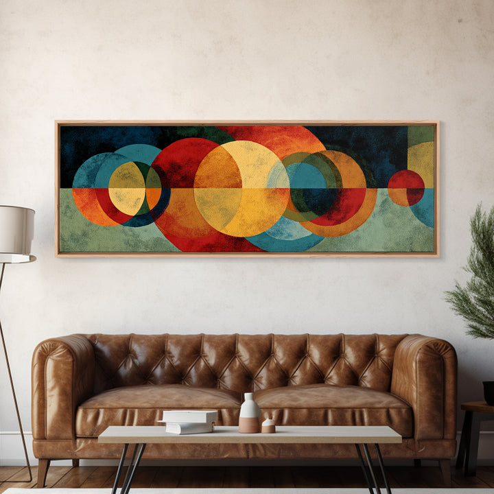 Overlapping Red Yellow Blue Circles Wall Art, Midcentury Modern Geometric Canvas Print, Bold Abstract Living Room Decor Print