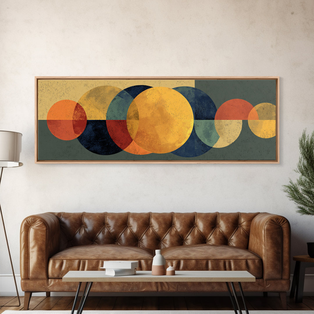 Golden Sun And Navy Circle Abstract Canvas Print, Midcentury Modern Wall Art, Geometric Living Room Decor, Retro MCM Poster