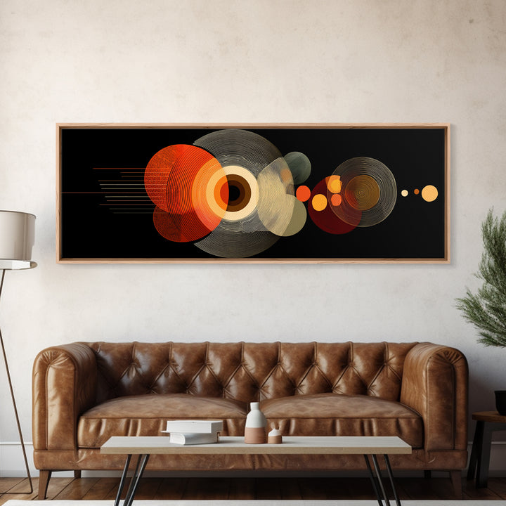 Orange Optical Circles On Black Wall Art, Midcentury Modern Geometric Canvas Print, Atomic Abstract Retro Home Decor Poster