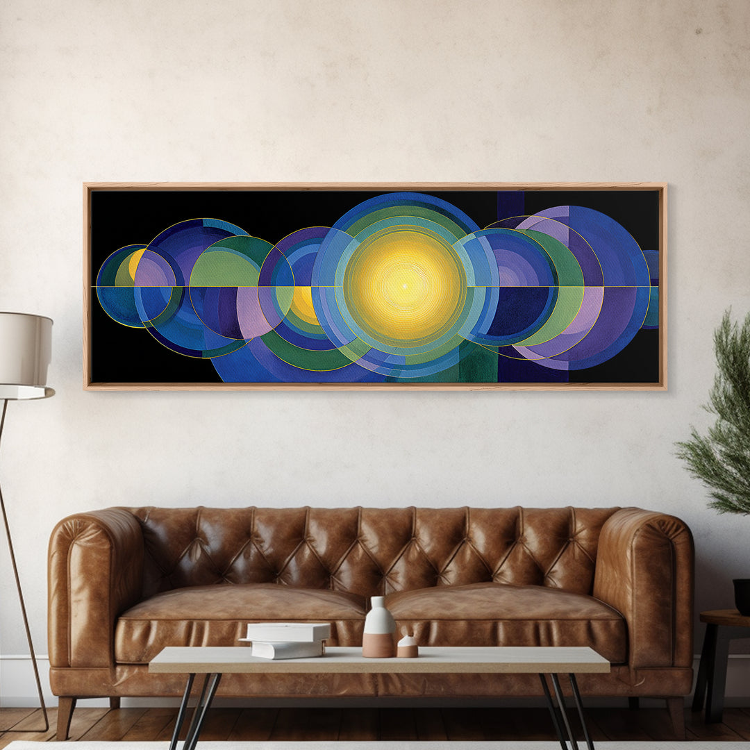 Radiant Yellow Center With Blue Green Circles Wall Art, Midcentury Modern Canvas Print, Geometric Abstract Statement Decor