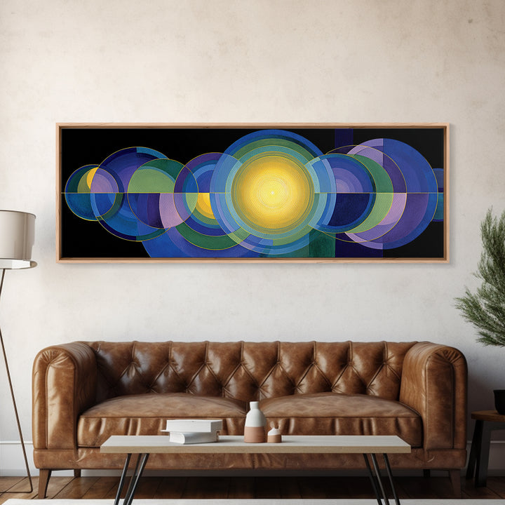 Radiant Yellow Center With Blue Green Circles Wall Art, Midcentury Modern Canvas Print, Geometric Abstract Statement Decor
