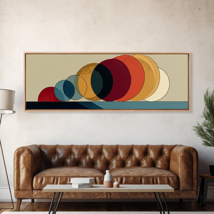 Overlapping Retro Circles In Ochre Red Blue And Cream Canvas Print, Midcentury Modern Art Print, Bauhaus MCM Wall Decor Poster