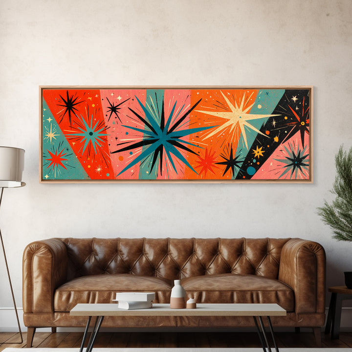 Orange Teal Atomic Starbursts On Coral And Black Canvas Print, Midcentury Modern Wall Art, Retro 50s 60s Home Decor Poster
