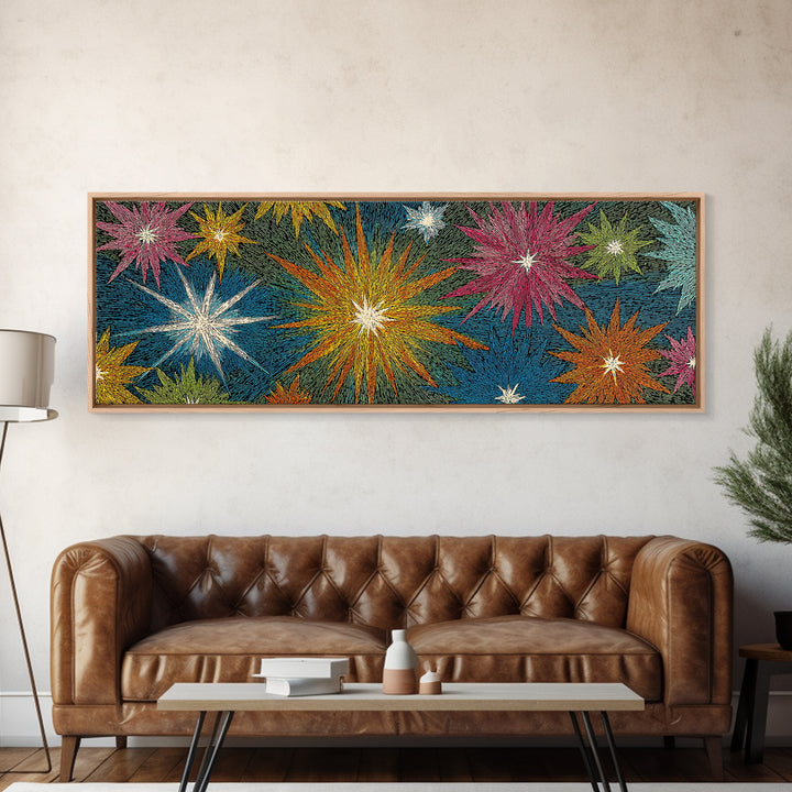 Scratchy Neon Fireworks In Pink Yellow Blue And Green Wall Art, Retro Atomic Starburst Print, Midcentury Modern Home Decor