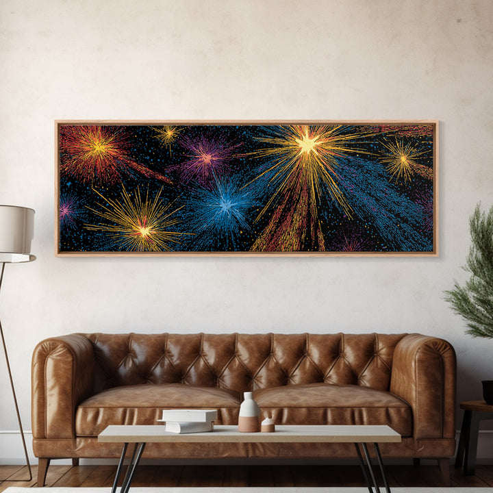 Dark Cosmic Fireworks With Blue Orange Purple And Gold Canvas Print, Retro Space Abstract Wall Art, Midcentury Modern Decor