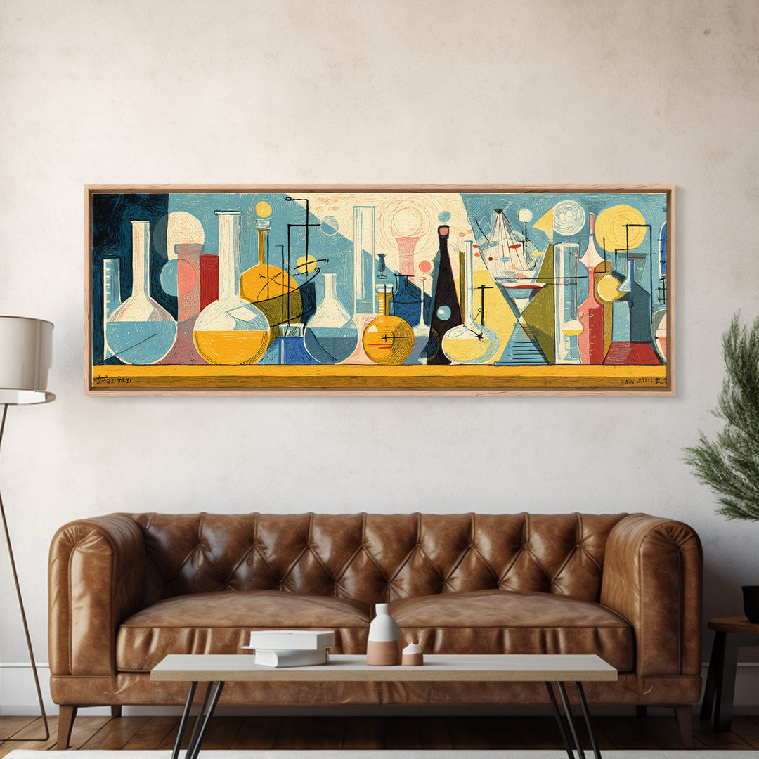 Modernist Laboratory Bottles And Beakers In Aqua Gold And Red Framed Canvas Print, Midcentury Modern Wall Art, Science Decor