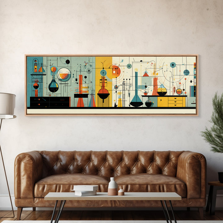 Atomic Science Instruments With Beakers Charts And Geometric Lines Canvas Print, Midcentury Modern Wall Art, Retro Lab Decor