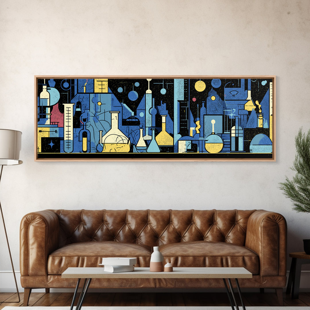 Blue Chemistry Laboratory Glassware Wall Art, Mid Century Modern Abstract Science Poster, Geometric Office Decor Print Set