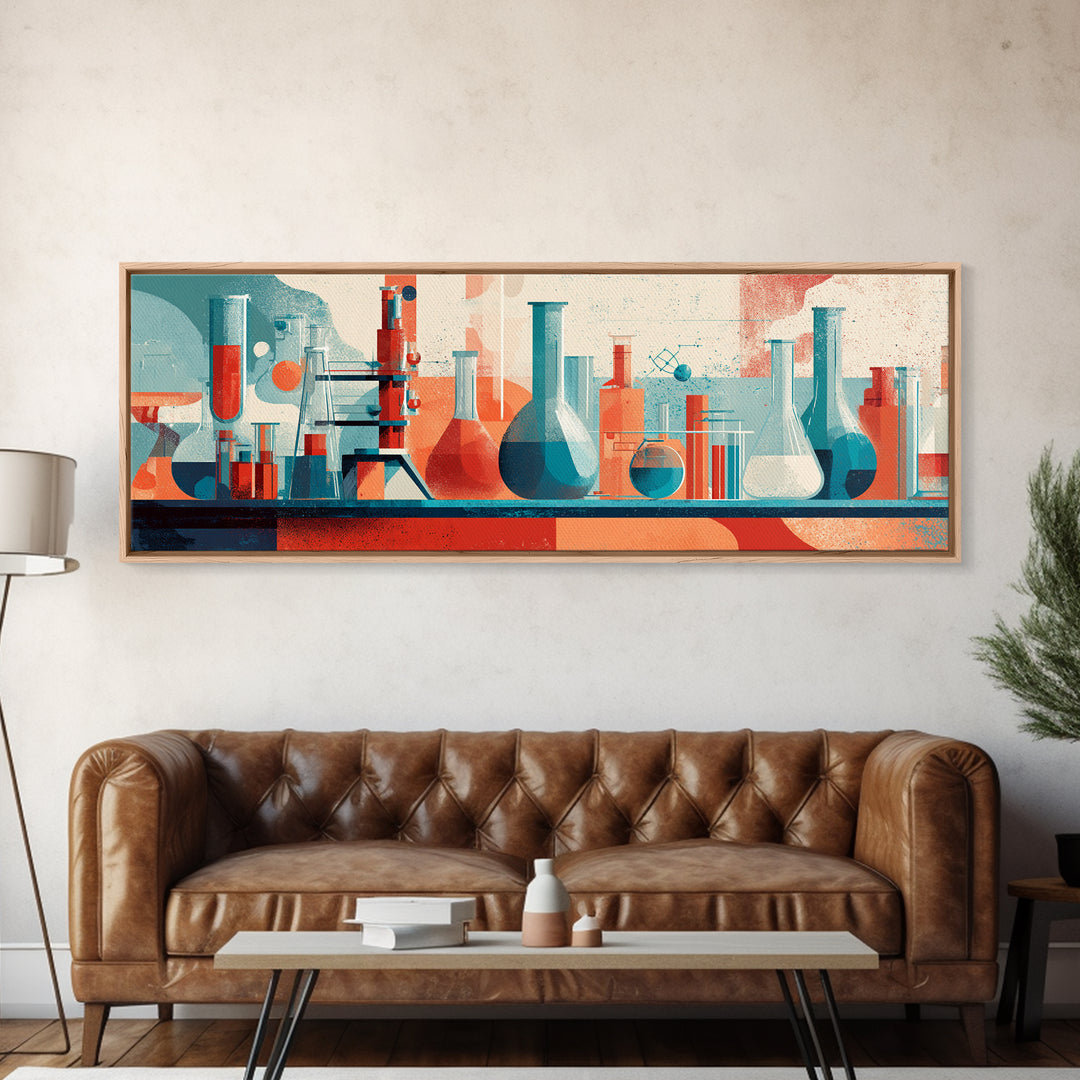Teal And Coral Science Lab Framed Canvas Print, Mid Century Modern Chemistry Wall Art, Retro Abstract Office Decor Poster