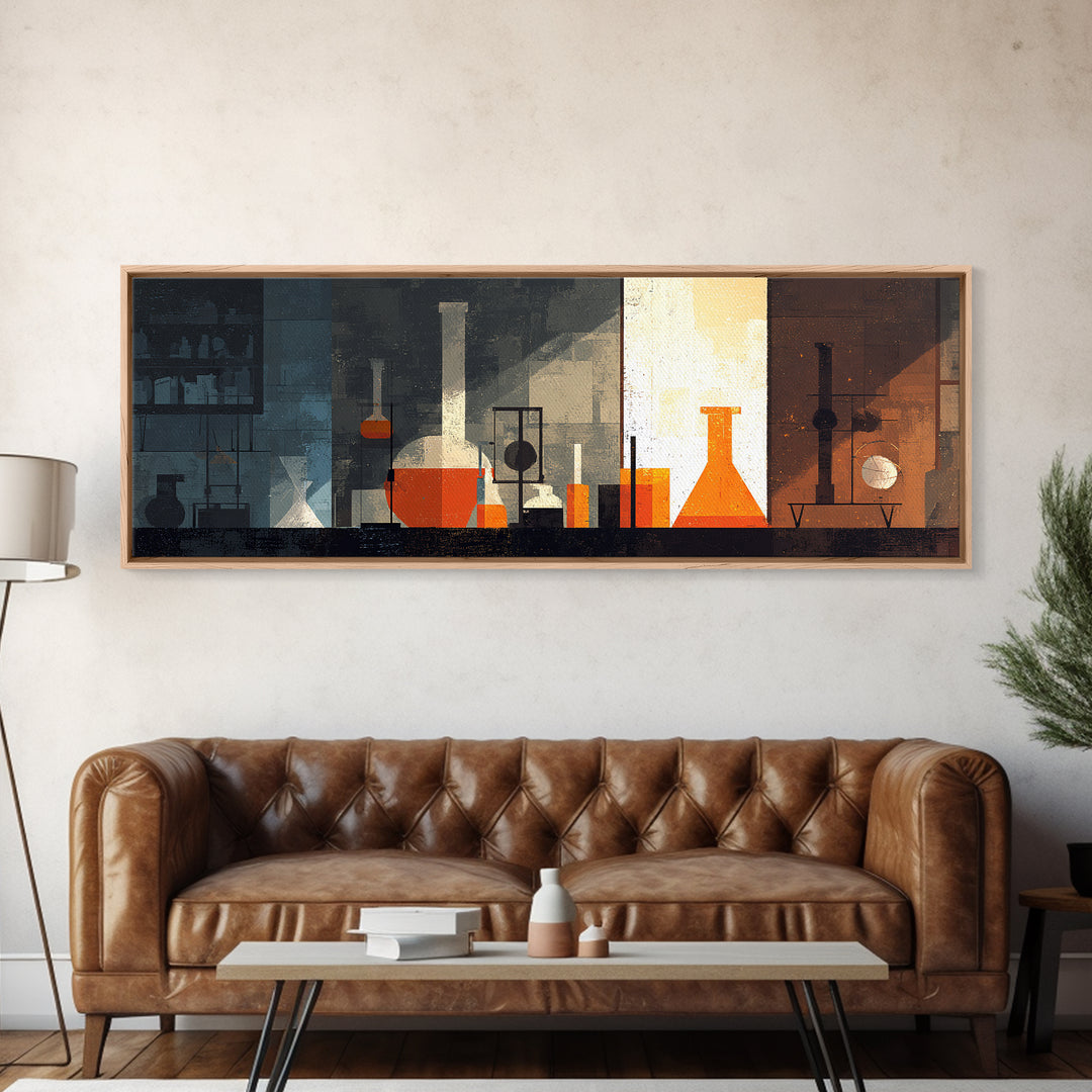 Moody Orange Laboratory Glassware Wall Art, Mid Century Modern Science Poster, Abstract Chemistry Office Decor Print For Lab