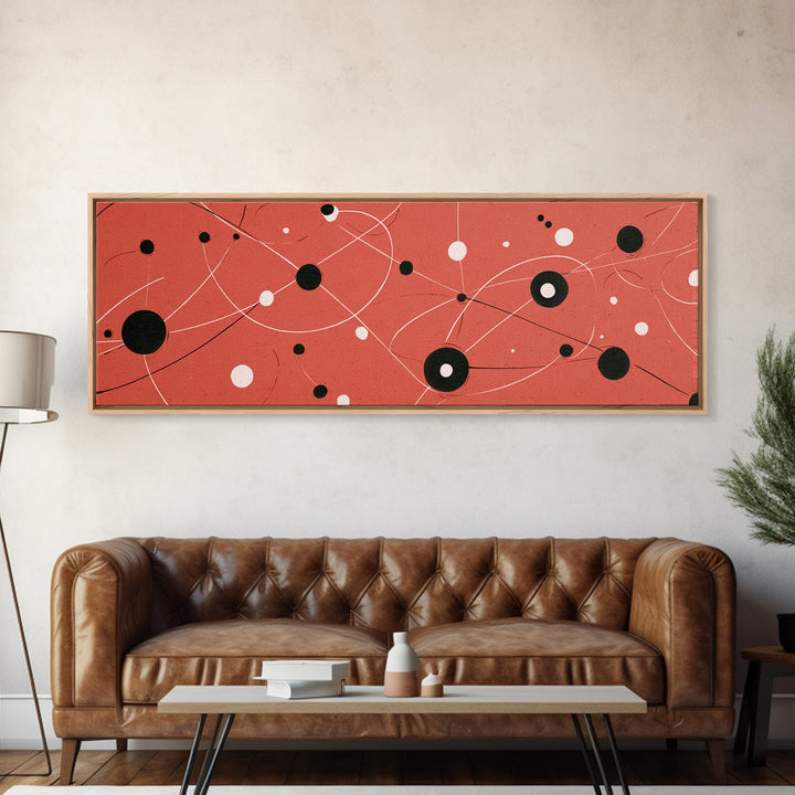 Coral Atomic Orbit Abstract With Black And White Dots, Midcentury Modern Wall Art, Retro Space Poster, MCM Home Decor, Large Canvas Print