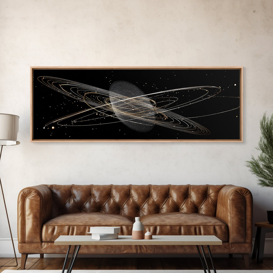 Golden Saturn Orbit Particle Rings On Black, Cosmic Wall Art, Modern Abstract Art Print, Space Framed Canvas Print, For Office Decor