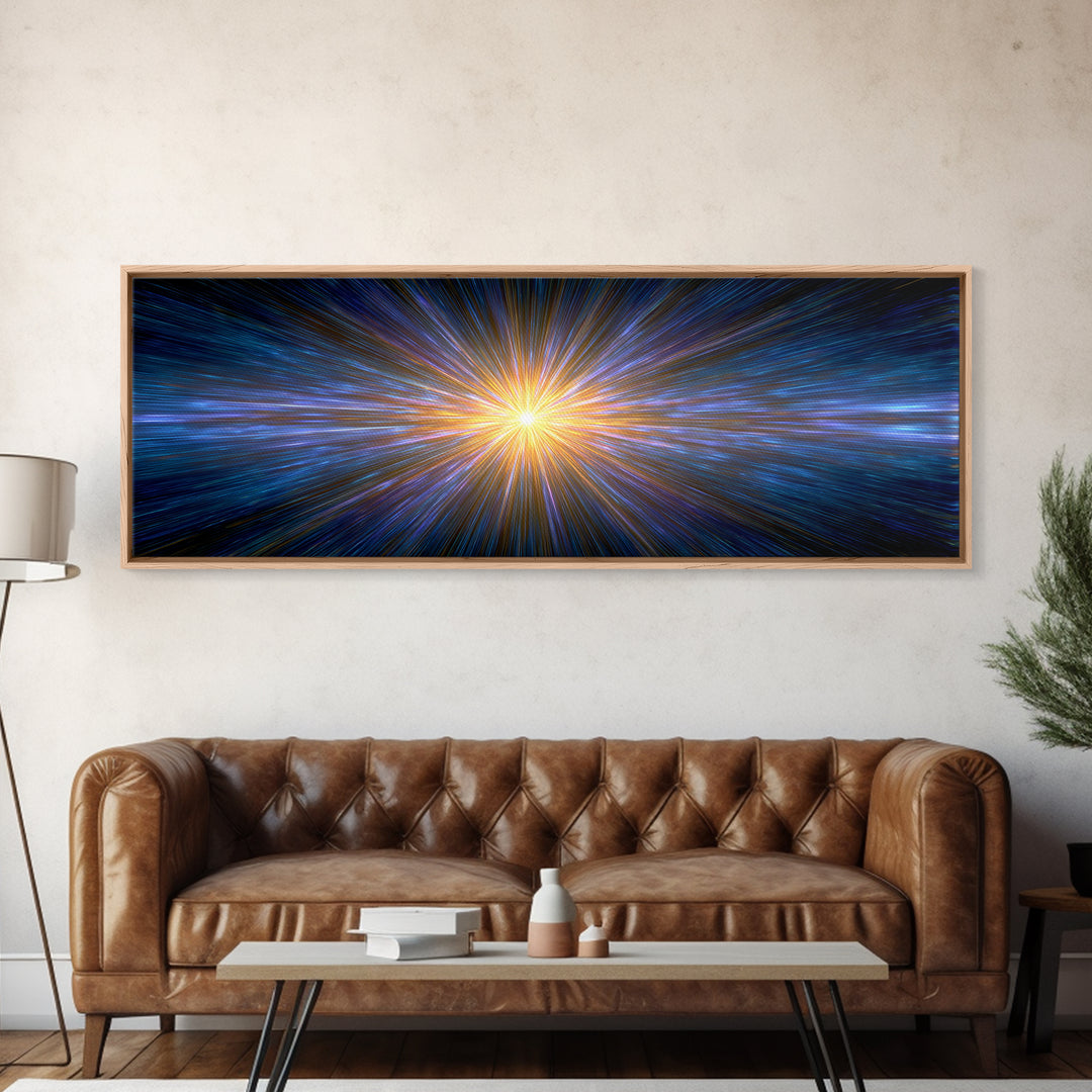 Radiant Blue And Gold Light Burst Horizon, Space Abstract Wall Art, Modern Digital Art Print, Sci Fi Canvas Print For Home