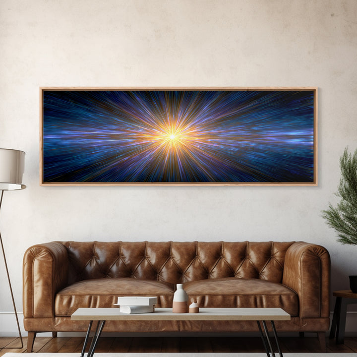 Radiant Blue And Gold Light Burst Horizon, Space Abstract Wall Art, Modern Digital Art Print, Sci Fi Canvas Print For Home